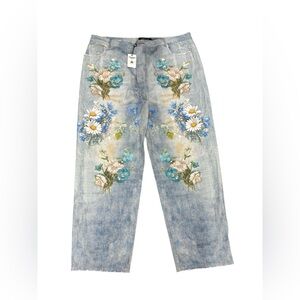 NWT Vale Forever Mns Light Blue Garden Denim Jeans Floral Print Pants
